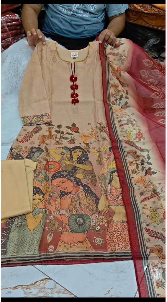 Pure Chendari Designer 3-Piece Set with Kalamkari Design & Contrast Dupatta