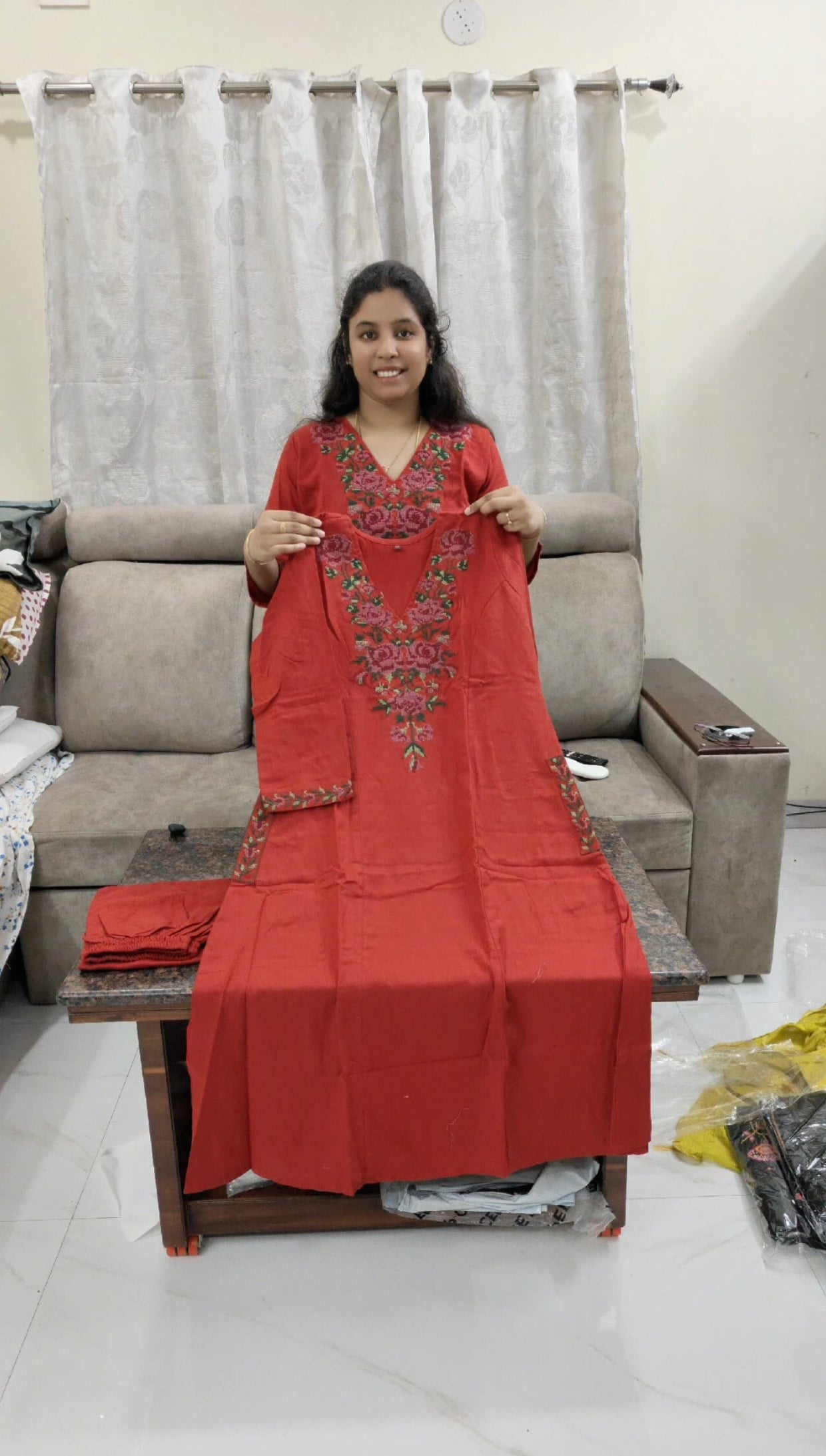 Two Piece cotton dress red colour