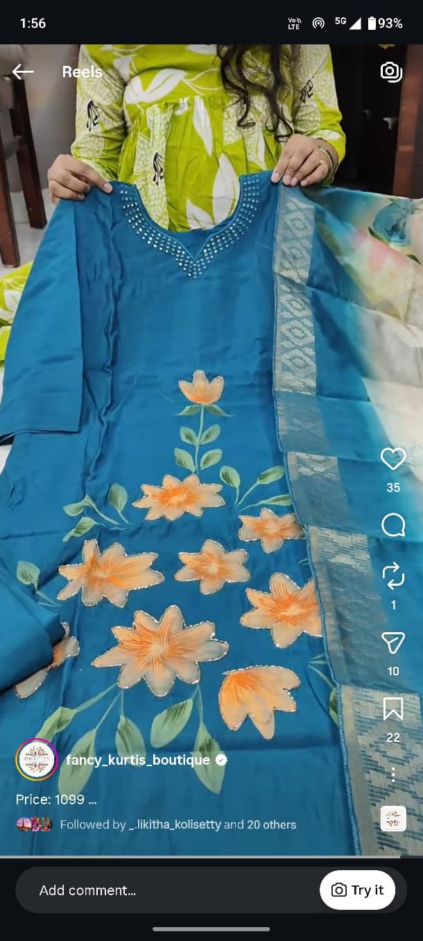 Blue 3-Piece Suit Set with Hand-Painted Flowers