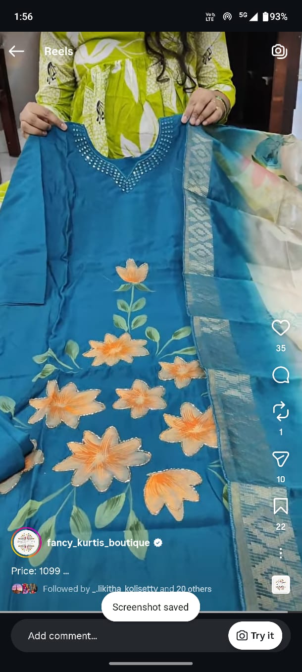 Blue 3-Piece Suit Set with Hand-Painted Flowers