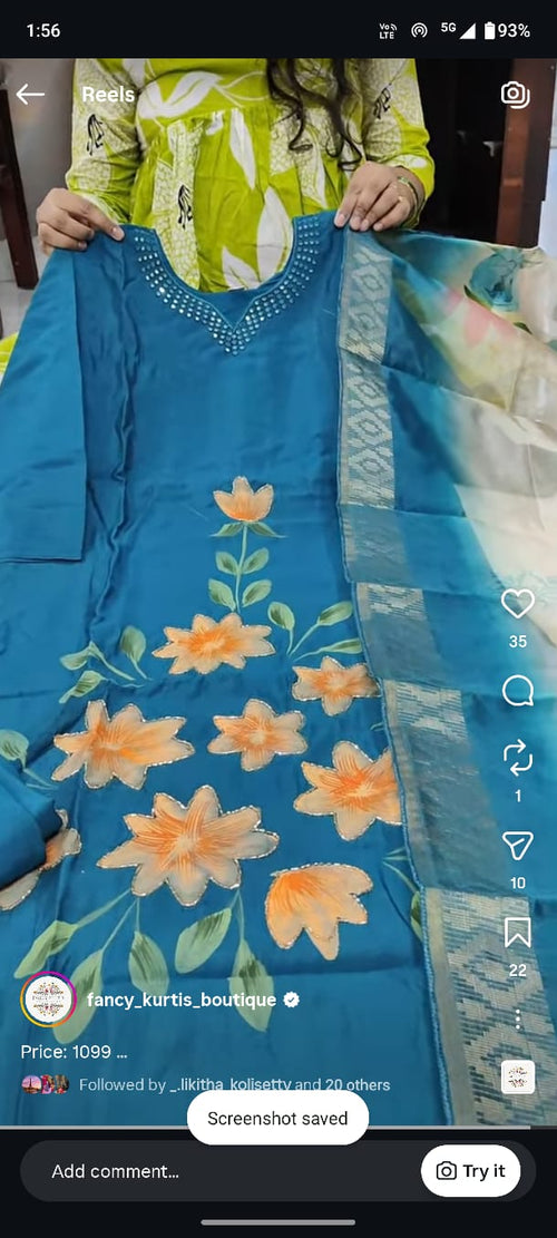 Blue 3-Piece Suit Set with Hand-Painted Flowers