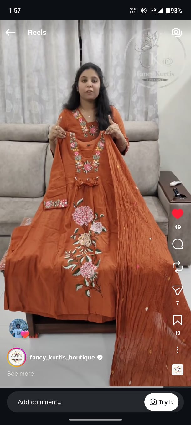 Rust Orange Pure Cotton Anarkali 3-Piece Suit Set with Floral Embroidery