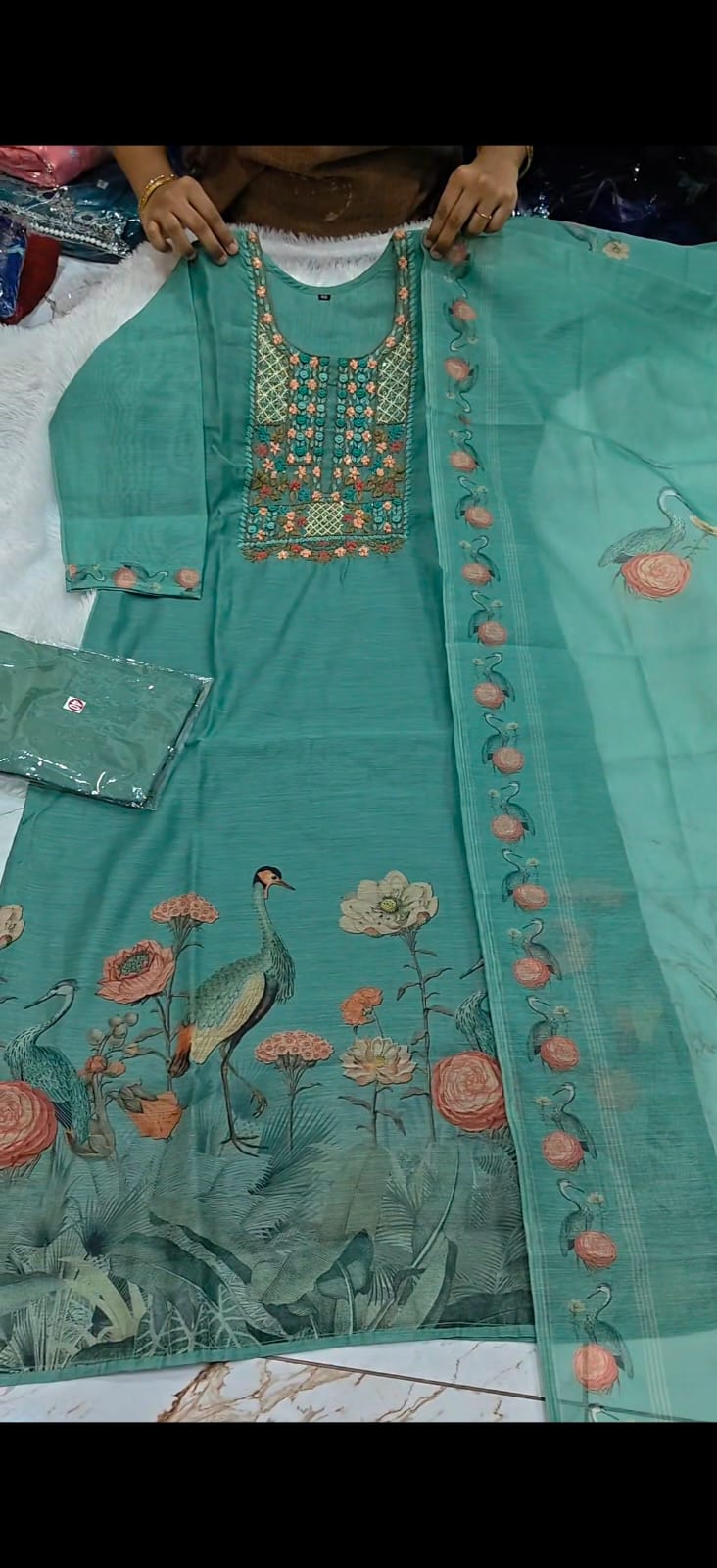Pure Linen Suit with Note Work Yoke part  & Digital Print Dupatta