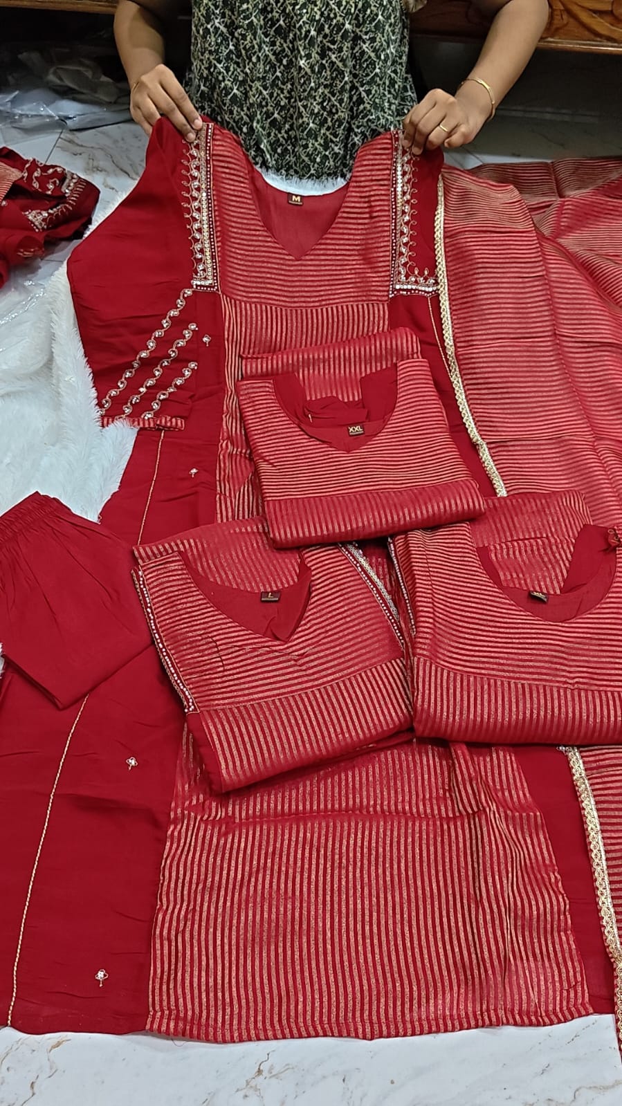 Red Muslin Tissue Chanderi Suit
