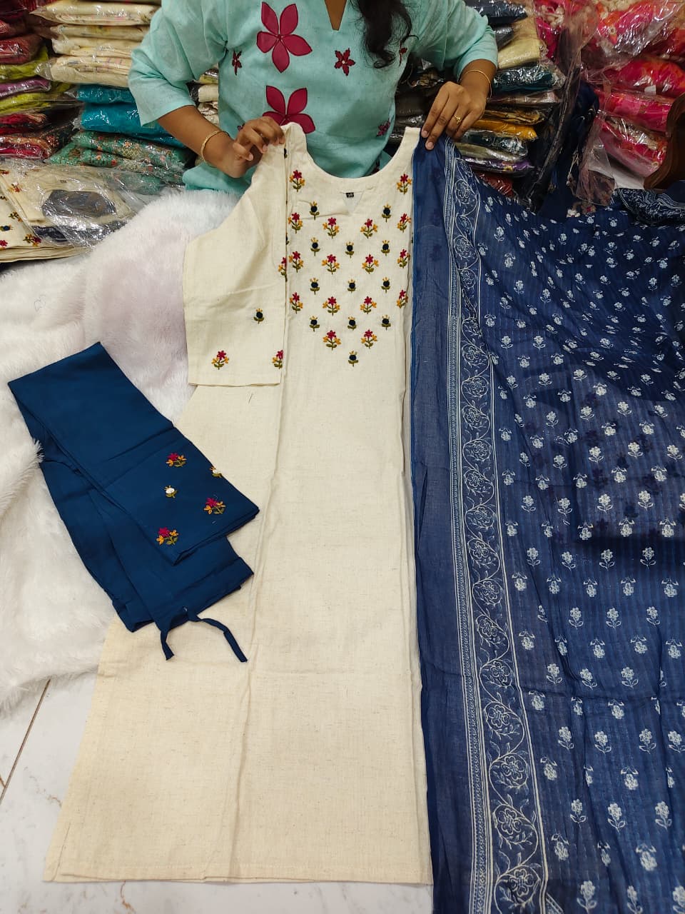 Pure Cotton Suit with Note Work & Contrast Batik Design Dupatta