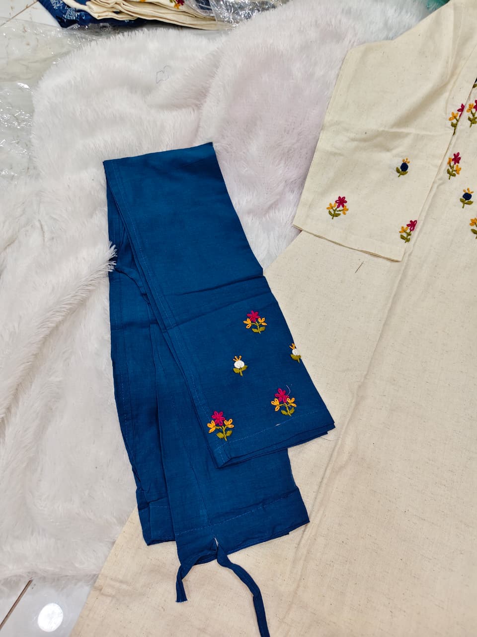 Pure Cotton Suit with Note Work & Contrast Batik Design Dupatta
