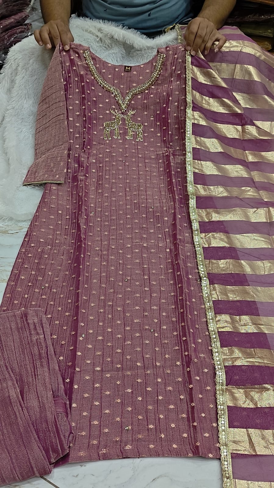 Pure Chanderi Embroidered Suit with Striped Dupatta