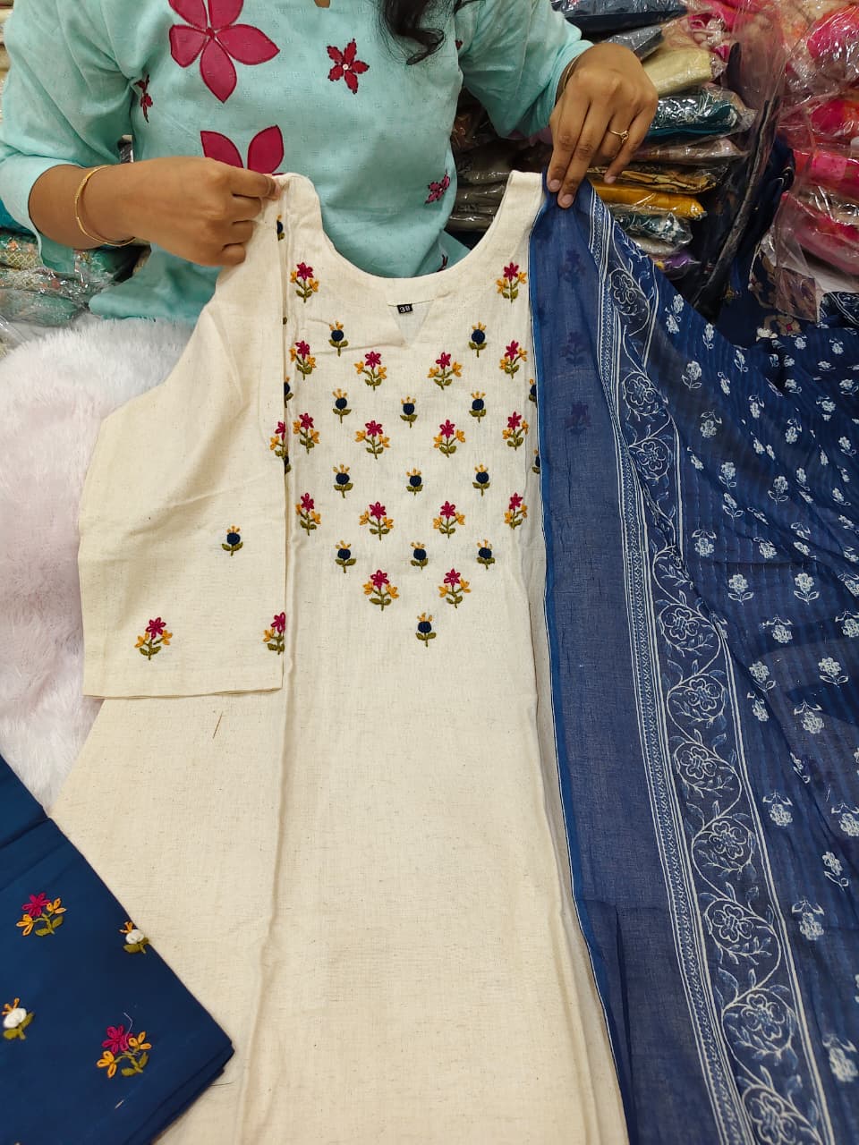 Pure Cotton Suit with Note Work & Contrast Batik Design Dupatta