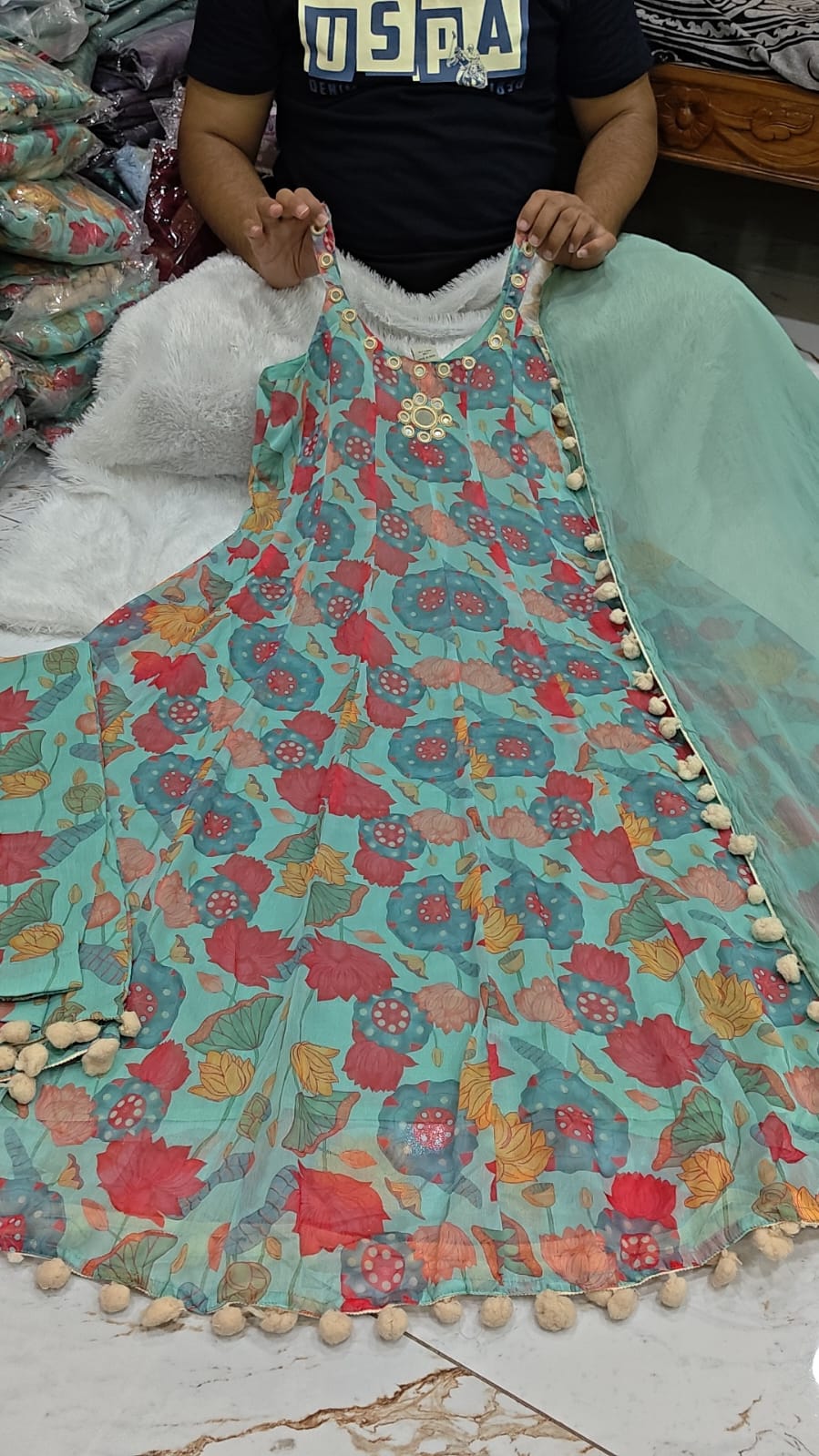 Elegant Aqua Blue Georgette Kalamkari Print Kali Style 3 Pc Suit Set