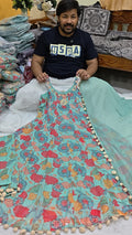 Elegant Aqua Blue Georgette Kalamkari Print Kali Style 3 Pc Suit Set